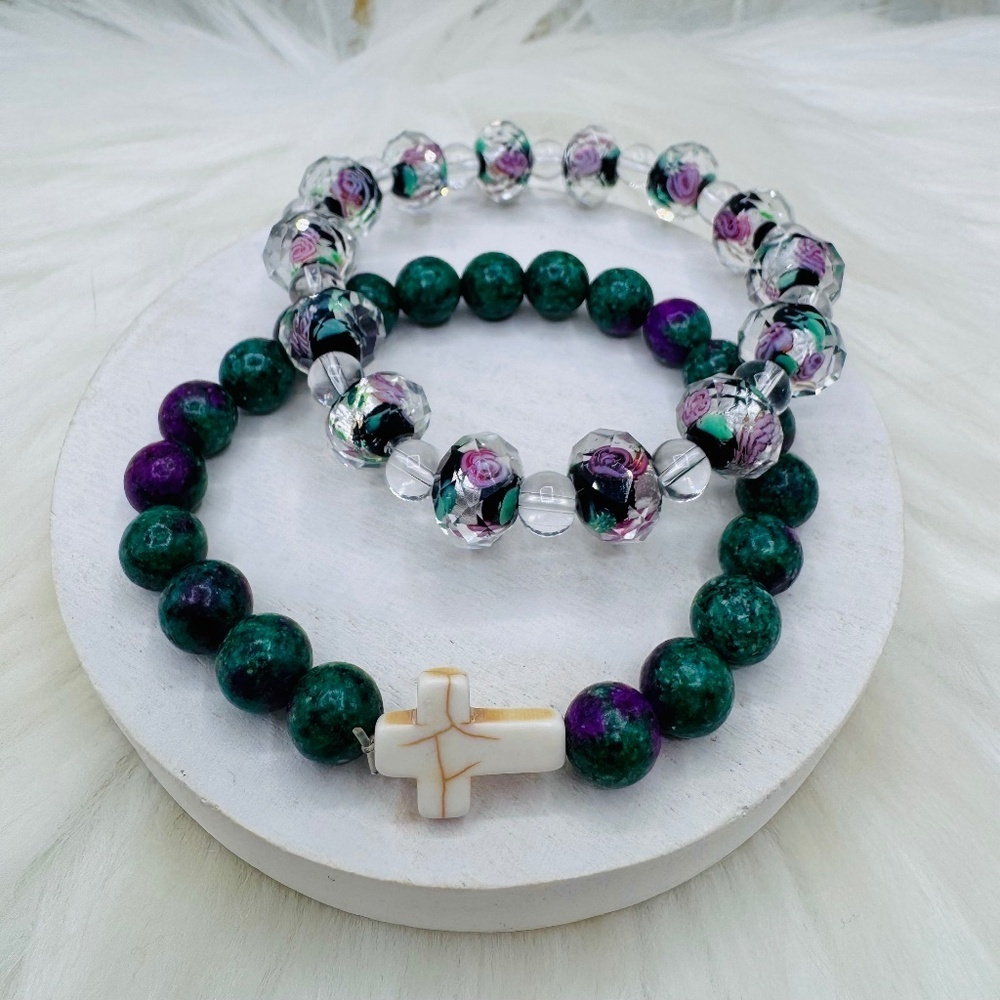 Green Cross & clear floral Beaded Bracelets